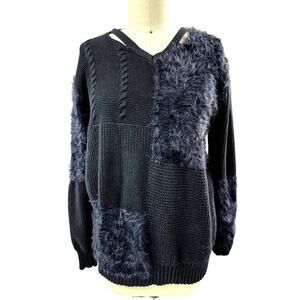 Funn J Black Knit Patchwork Tunic Sweater w/ Faux Fur Ribbed Trim Sz L